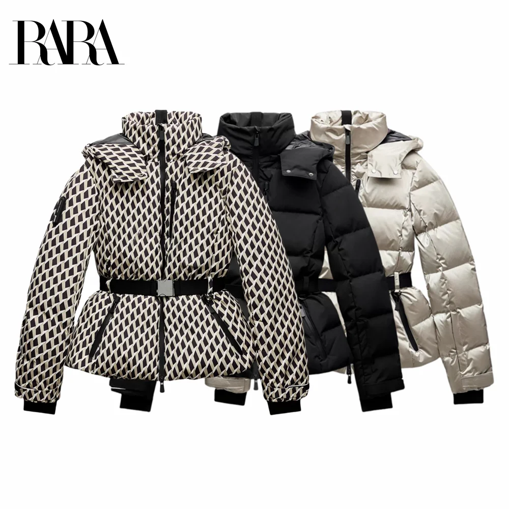 2025 RARA new women's ski series down cotton jacket with belt thick warm hooded cotton jacket fashionable and versatile