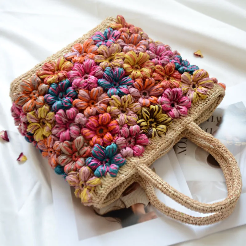 Handmade Raffia Tote Bag for Women Straw Woven Shoulder Handbag Beach Resort Summer Purse