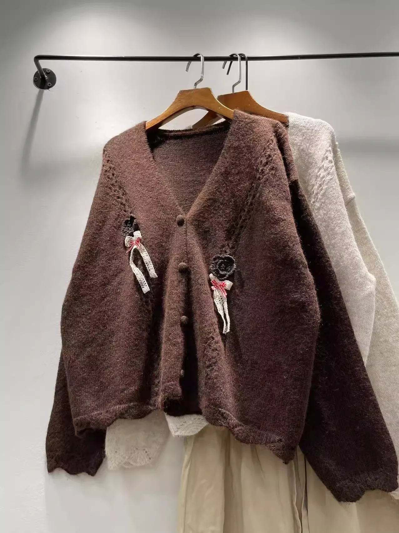 Japanese mori girl sweater cardigan for women autumn winter handmade flower v neck cardigan thick warm knitted outwear