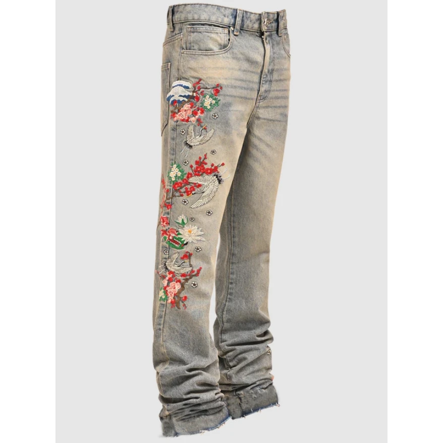 

Men's Straight Leg Jeans High Waist Classic Blue Street Fashion Elastic Patchwork Denim Pants Casual Loose Fit All Seasons