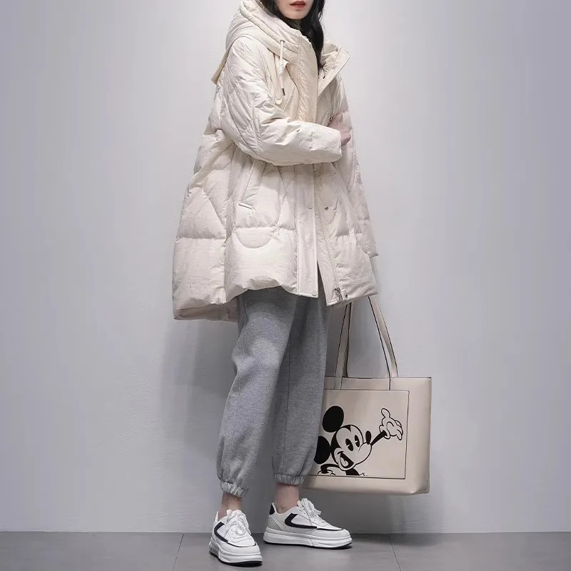 Damasco quente para baixo jaqueta feminina inverno 2025 nova versão coreana com capuz solto grosso branco ganso para baixo casaco feminino puffer