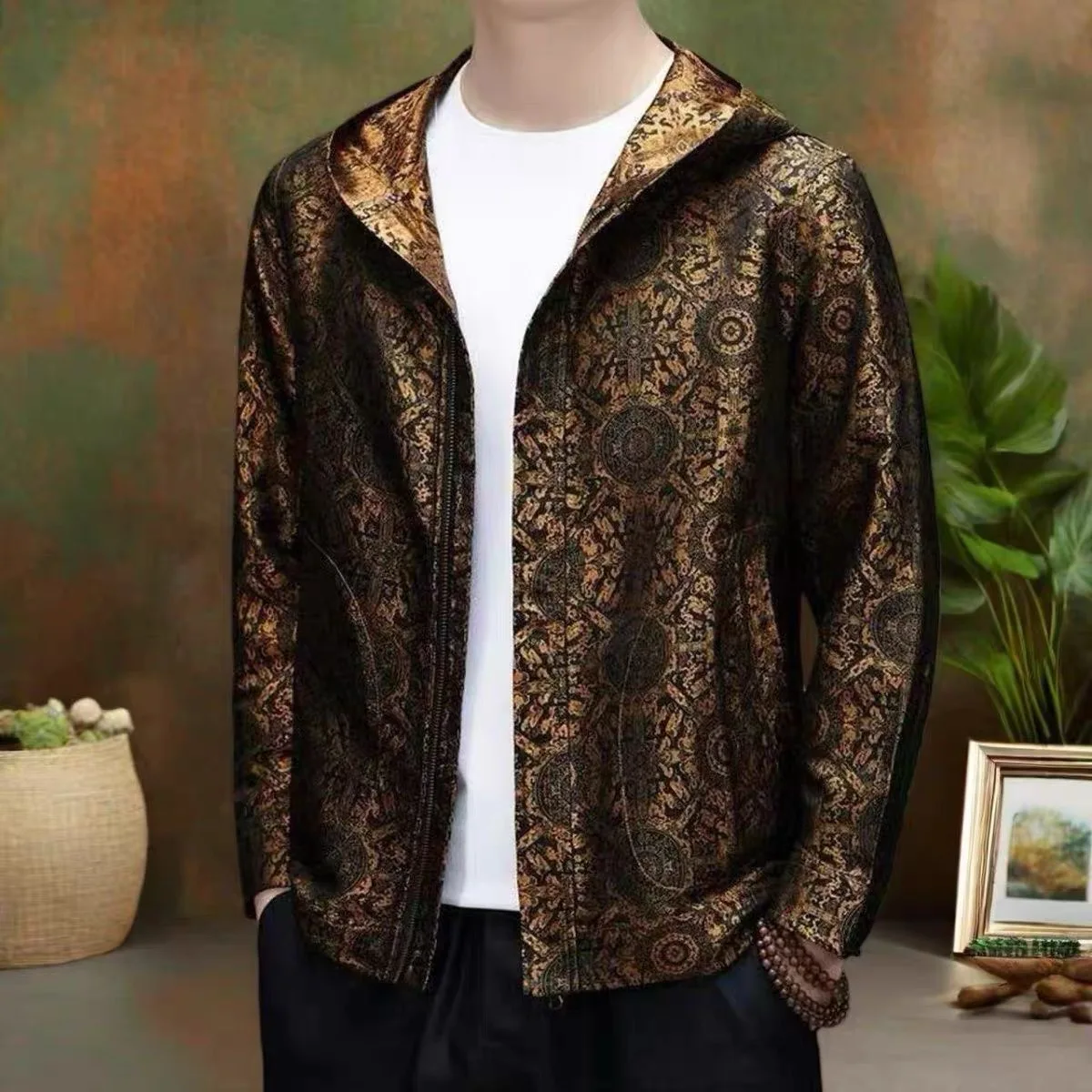 メンズ中国風ジャケットアウターカジュアル中年長袖シャツお父さん服秋の新ファッションエスニックチュニックトップ