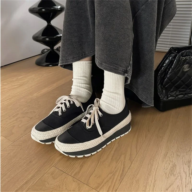 

Fashion Platform Canvas Shoes Spring Autumn Lace Up Vulcanize Footwear New Solid Color Cozy Zapatos Mujer Slip On Casual Sneaker