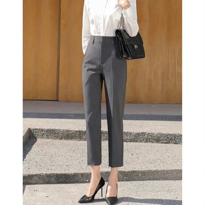 Gray Trousers Women's 2021 Autumn New Cropped High Waist Slimming Suit Pant Korean Version for Commuter Temperament Cigarette Pa