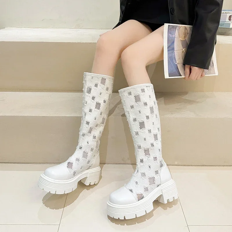 Middle Heel Zip Mesh Fabric Long Sleeved Women\'s Boots Shoes for Women 2024 New Fashion Summer Breathable Mature Women\'s Boots