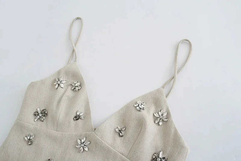 Frauen Chic Mode Ärmelloses Lnlay Mini Kleid Vintage Dünnen Trägern Sommer Weibliche Kleider Vestidos Mujer – Detail 3