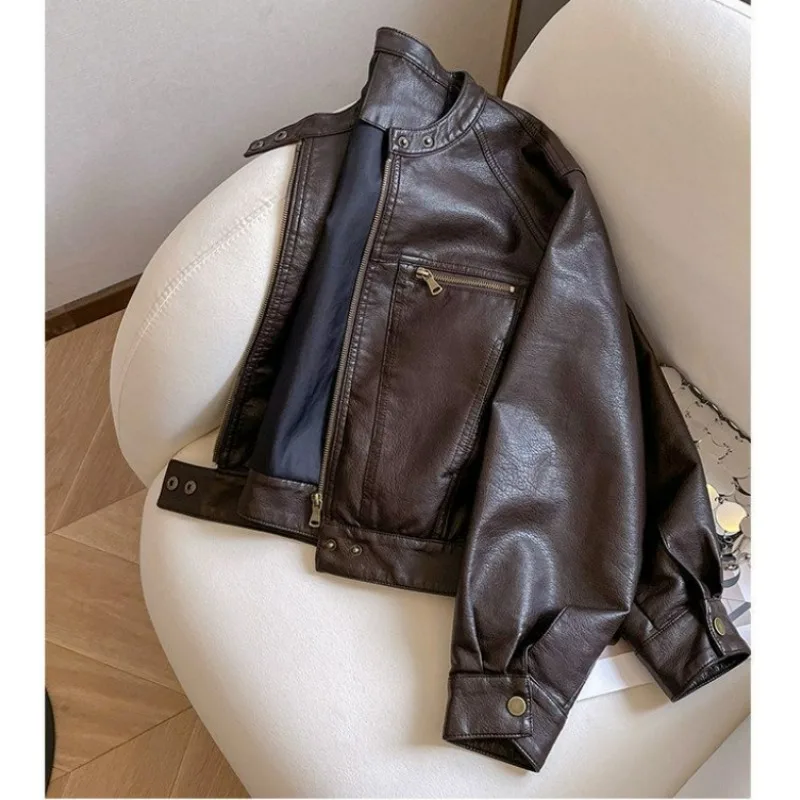 Black Short PU Leather Jacket Women New Spring Autumn Style Cool Stylish Small Stand-up Collar Motorcycle Leather Jacket Trendy