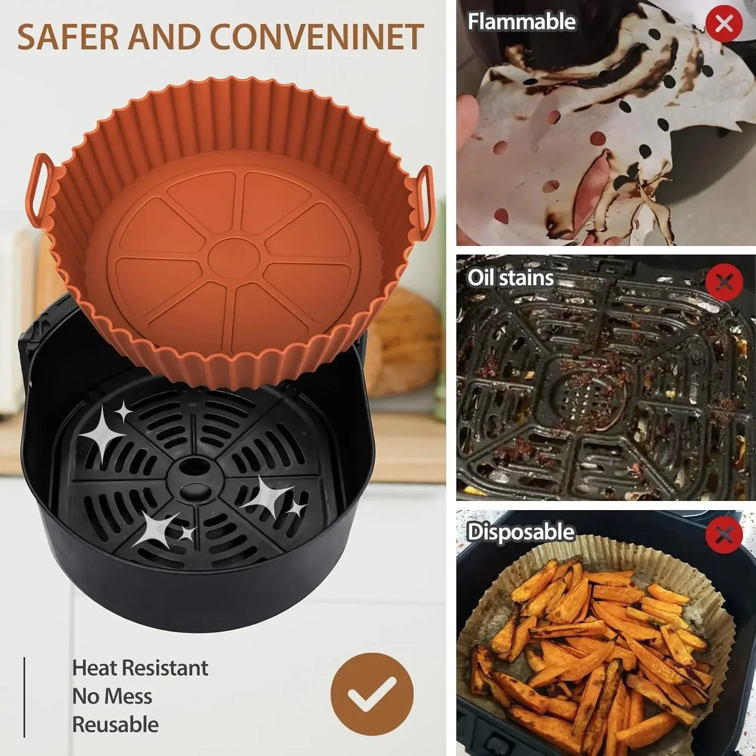8/9in Air Fryer Silicone Basket-Reusable Non-Stick Tray Baking Tray for Pizza Fried Chicken Fries-Air Fryer Liners Accessories