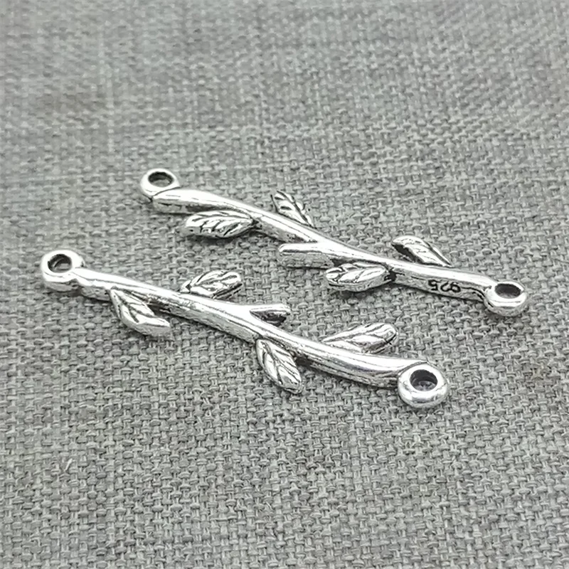 2 Pieces Flower and Leaf Branch Connector Charms in 925 Sterling Silver for Bracelet Making