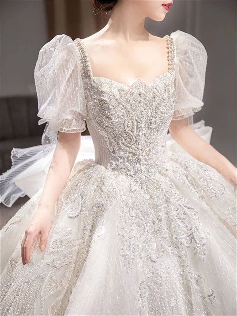 Robe De Mariée princesse à manches bouffantes, luxueuse tenue De bal à paillettes et perles en cristal, avec traîne