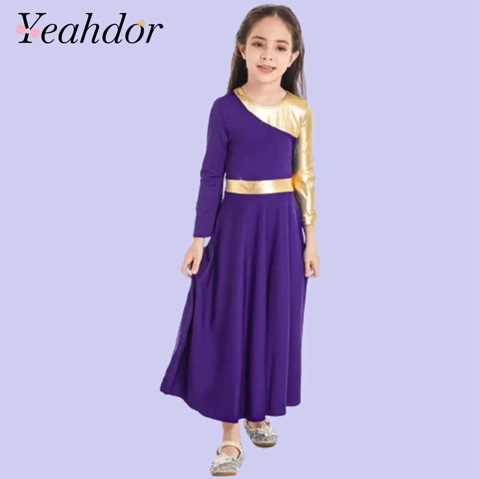 

Kids Praise Dance Dress Girls Liturgical Robes Lyrical Gowns Celebration of Spirit Long Sleeve Metallic Church Worship Costume