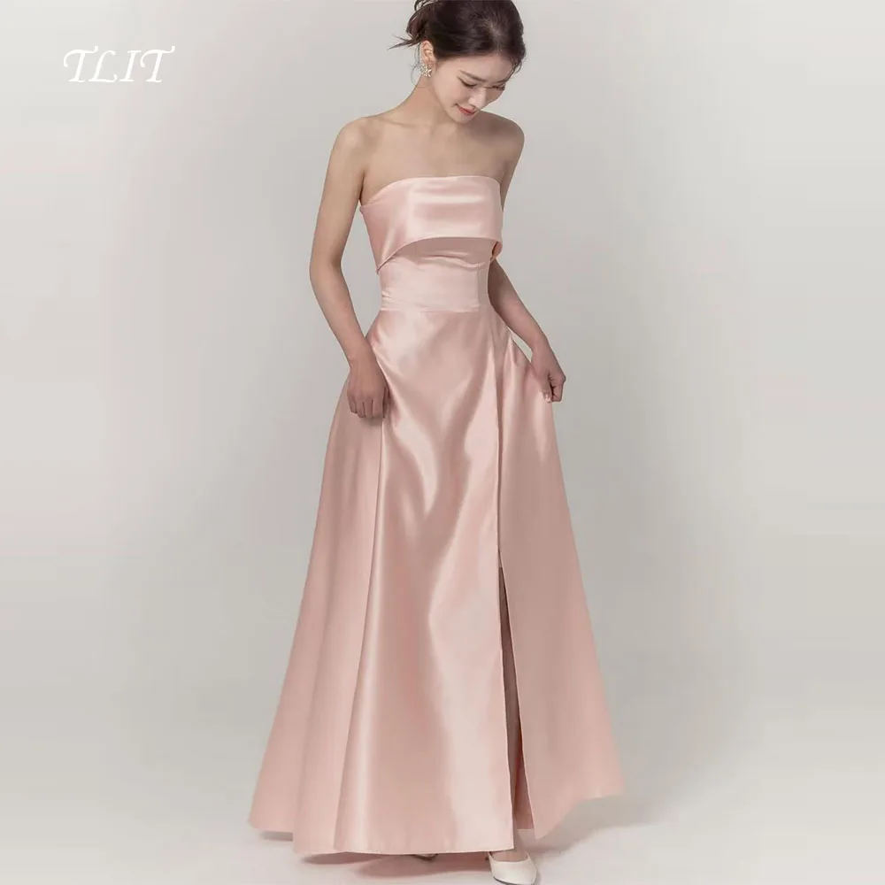 

TLIT Fairy Baby Pink Silk Satin Evening Dresses Customized Korea Bridal Gown Photo Shoot Strapless Front Split Prom Gowns