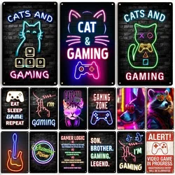 Funny Neon Cats Gaming Metal Tin Sign Plaque Gaming Zone Retro Decorative Plates For Club Man Cave Bar Pub Hotel Cafe Wall Decor