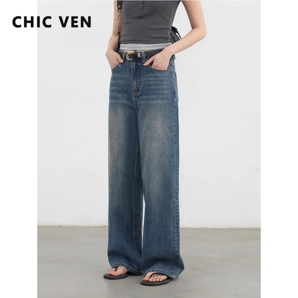 

CHIC VEN Women Jeans Streetwear Retro Casual High Waist Straight Washed Female Denim Trousers Wide Leg Pants 2025 Spring Summer