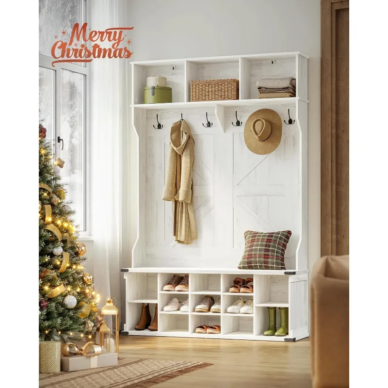 Hall Tree with Bench and Shoe Storage, Coat Rack with Shoe Bench, Entryway Furniture, 16 Open Compartments, 6 Tri-Hooks