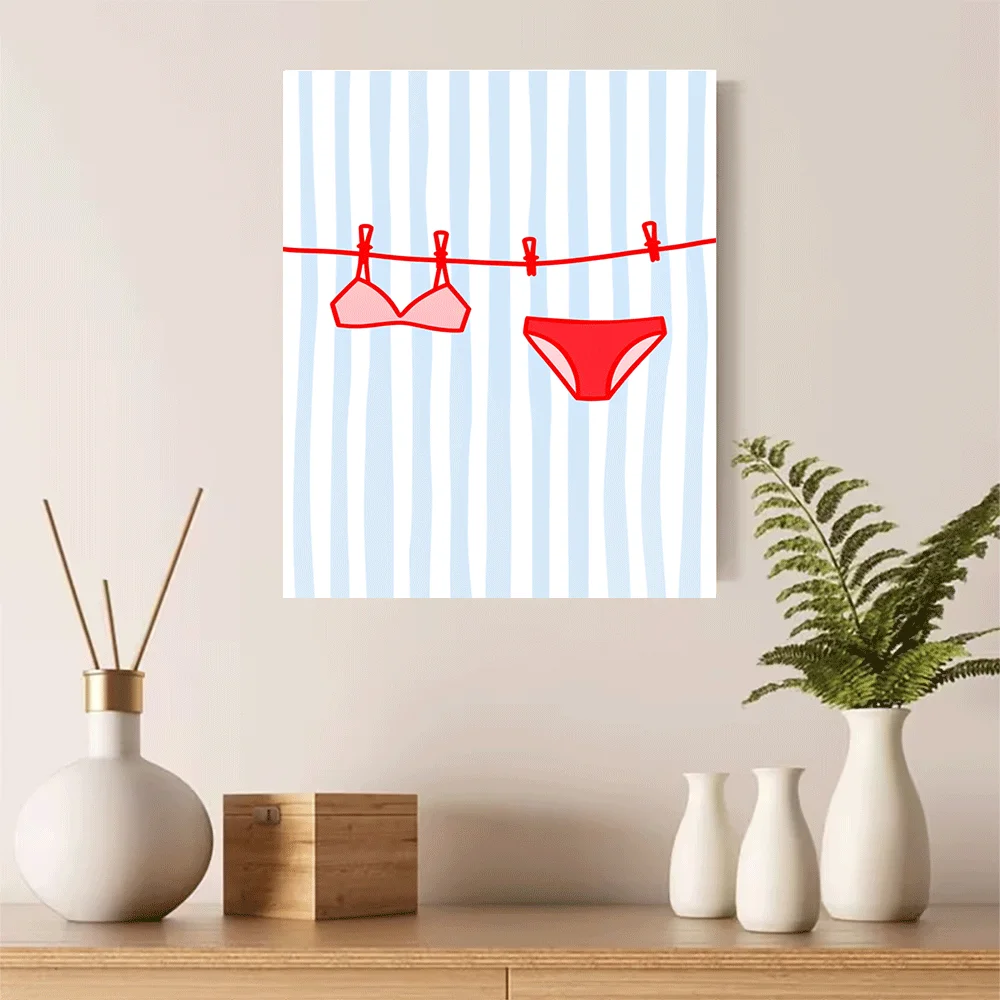 1PC-Unframed Canvas poster wall decoration  Red Bikini Set Hanging On Clothesline Striped Background