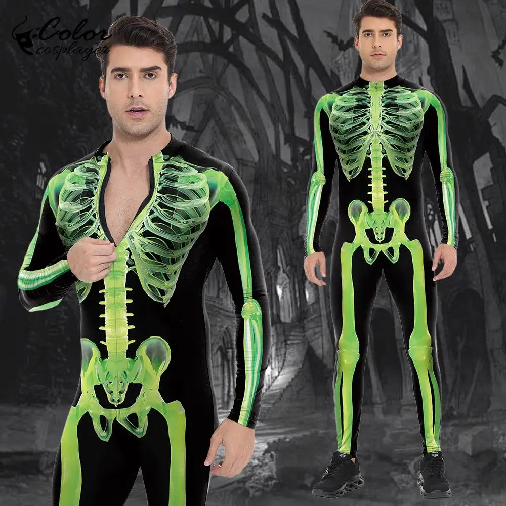 

Color Cosplayer Green Skeleton Jumpsuit Halloween Cosplay Costume 3D Print Jumpsuit Festival Bodysuits Party Outfits Couple