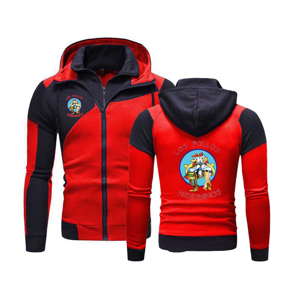 2024 Men New LOS POLLOS Hermanos Spring and Autumn Printing Hooded Color Matching Hoodie Double Zipper Pullover Tops