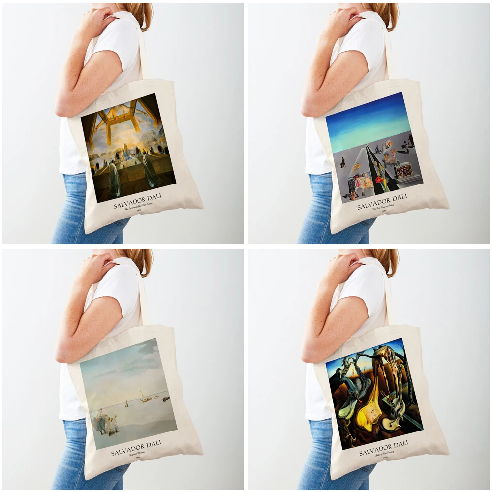 Reusable Casual Canvas Women Shopping Bags Double Print Salvador Dali Surrealism Cubism Exhibition Shopper Bag Tote Lady Handbag