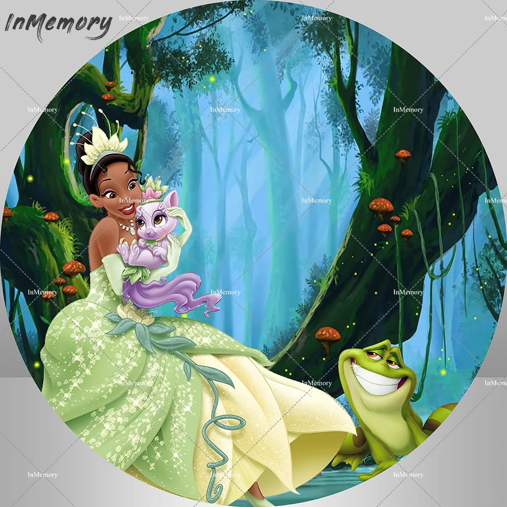 Cartoon Princess Tiana Birthday Party Round Backdrop Cover Custom Forest Frog Baby Shower Photo Background Banner