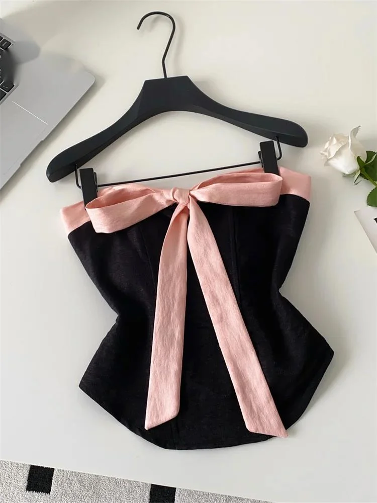 

Женский сексуальный топ без бретелек с боковой молнией, цветными блоками, облегающий мини-топ, с бантом и шнуровкой, корсет для вечеринок, майка-камизоль