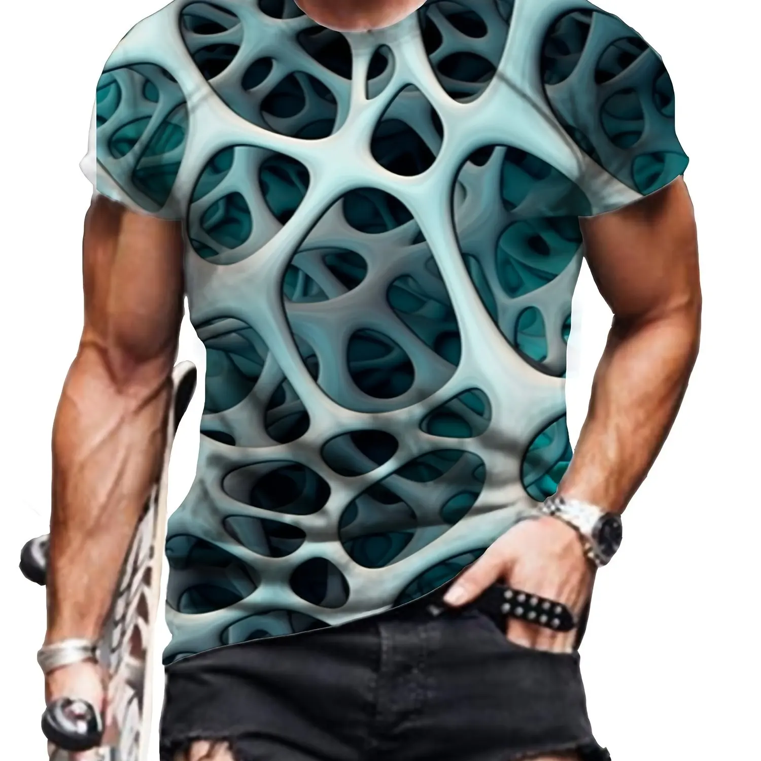 Men's Optical Illusion 3D Print T-Shirt - Breathable, Stretchy Casual Sportswear with Geometric Pattern, Crew Neck