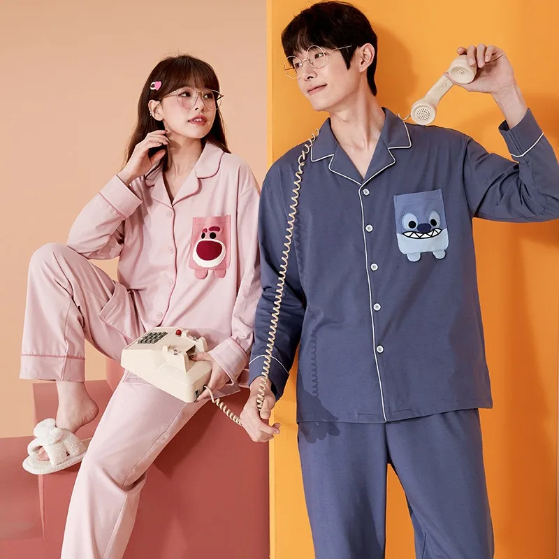 

Cartoon Disney Strawberry Bear Pajamas New Cotton Couple Pajamas Two-piece Set Men's Loungewear Set Casual Women's Pajamas