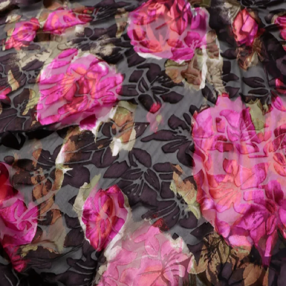 Brown Pink Dark Color Big Flower Hand Paint Style Breathable Opal Silk Burn Out Fabric for Wife Lady Party Shawl Dress view 4