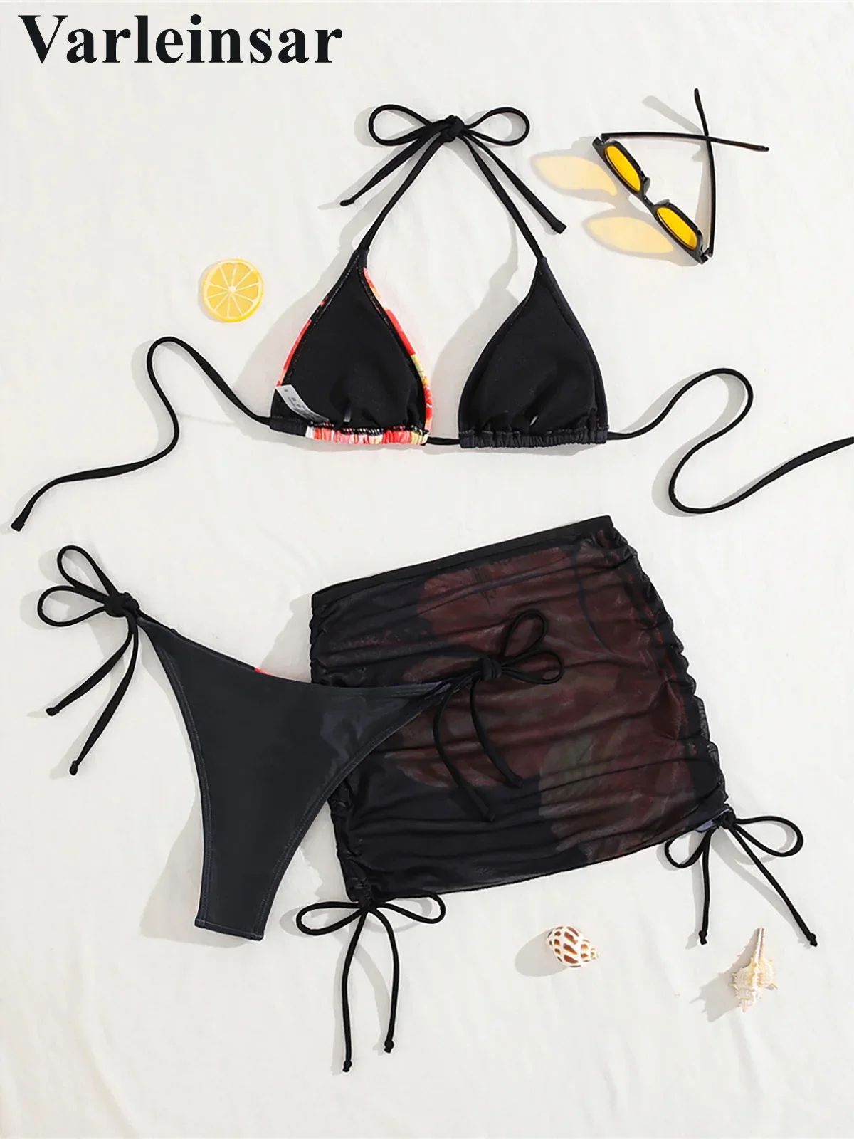 XS - L Цветы с цветочным принтом и юбкой Бикини Женский купальник Женский купальник Комплект бикини из трех частей Купальный костюм для плавания V6794