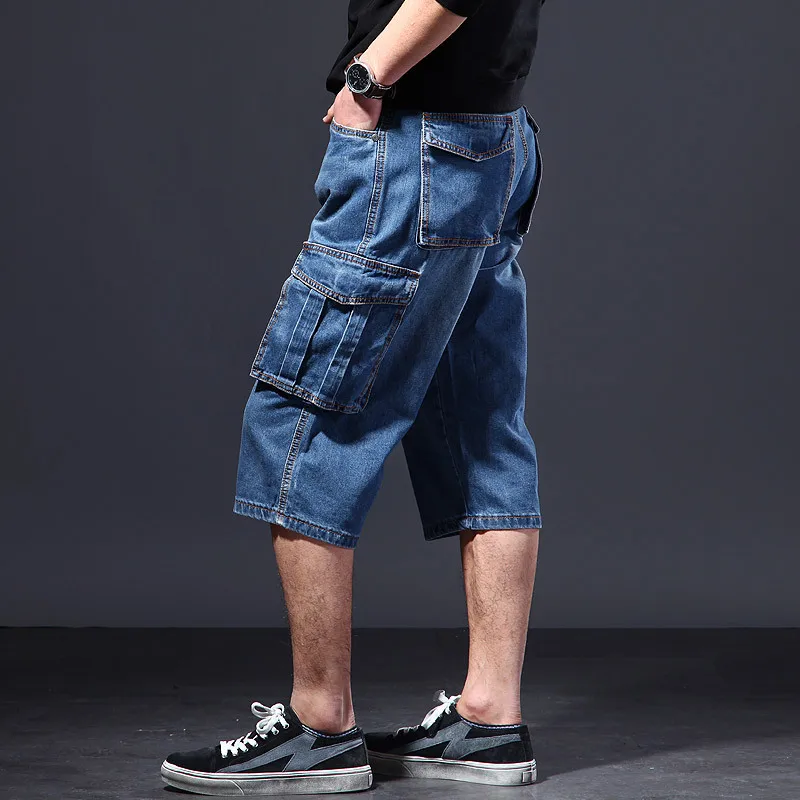 New Summer Men's Multi-pocket Jeans, Workwear-style Blue Denim Shorts, Asian Sizes 30–42.