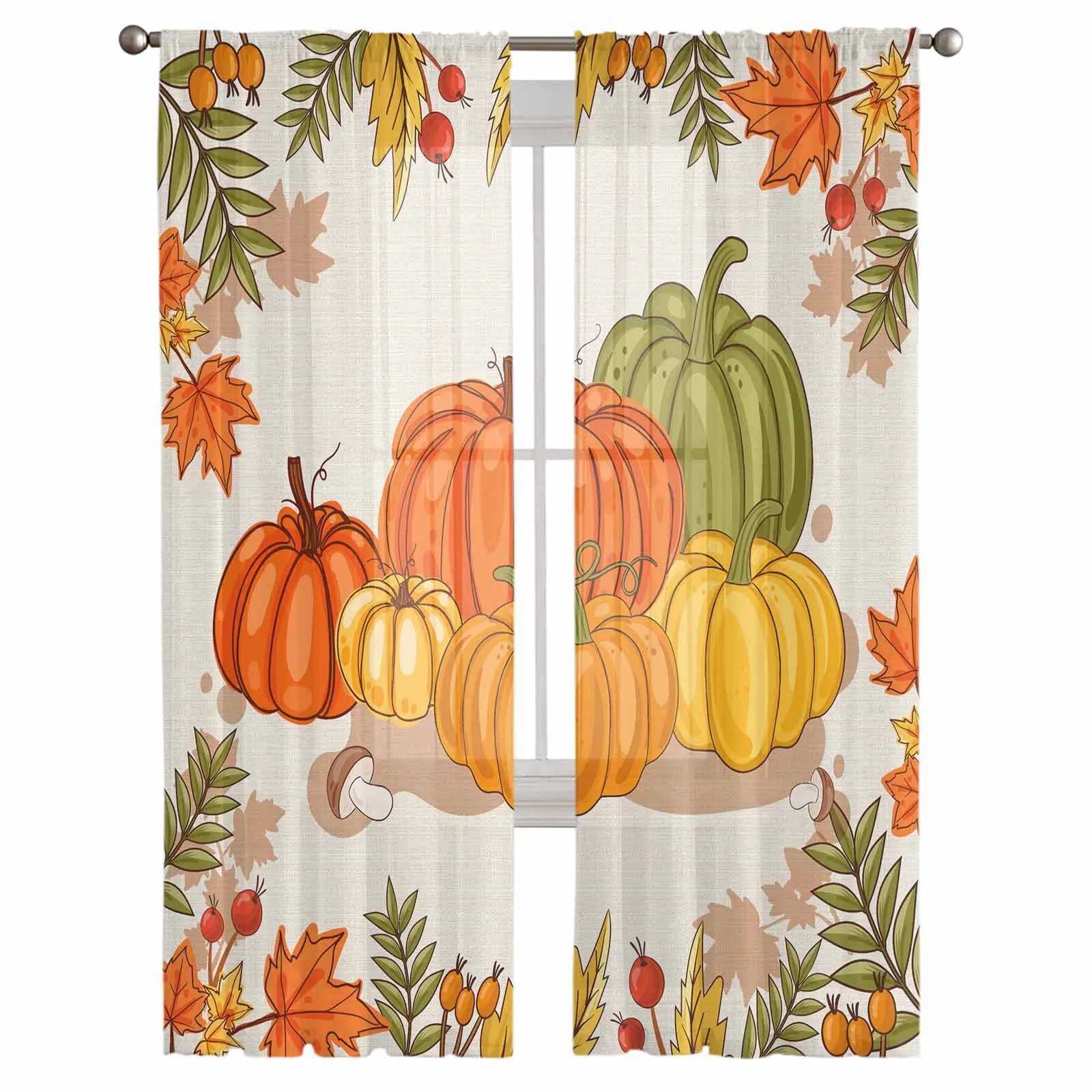 Maple Leaf Pumpkin Mushroom Tulle Curtains for Living Room Bedroom Sheer Voile Curtain Home Decor Kitchen Curtain