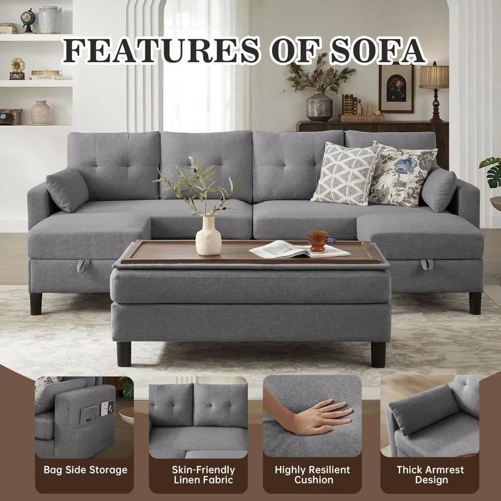 

Современный U-образный диван из льняной ткани с двусторонними шезлонгами и османским журнальным столиком, 4 сиденья, раскладной секционный диван 101 дюймов