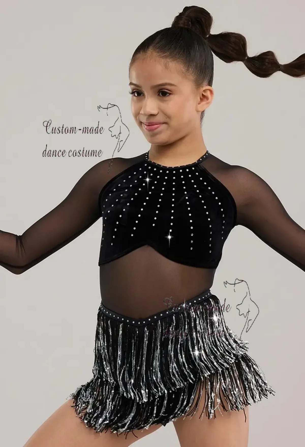 Red/Black Fringe Custom Latin Dance Costume for Girls, Long Sleeve Leotard with Rhinestone Open Back, Stage Performance Outfit