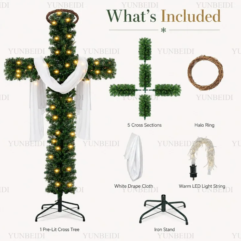150/180cm Cross Shaped Christmas Tree Pre Lit Warm LED Lights Artificial PVC Xmas Tree Religious Holiday Home Outdoor Decoration