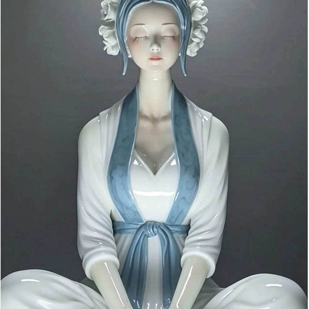 Zen Style Sitting Beauty Ceramic Statue, Handmade Master Level Jingdezhen Porcelain Craft, Art Sculpture for Home Decoration