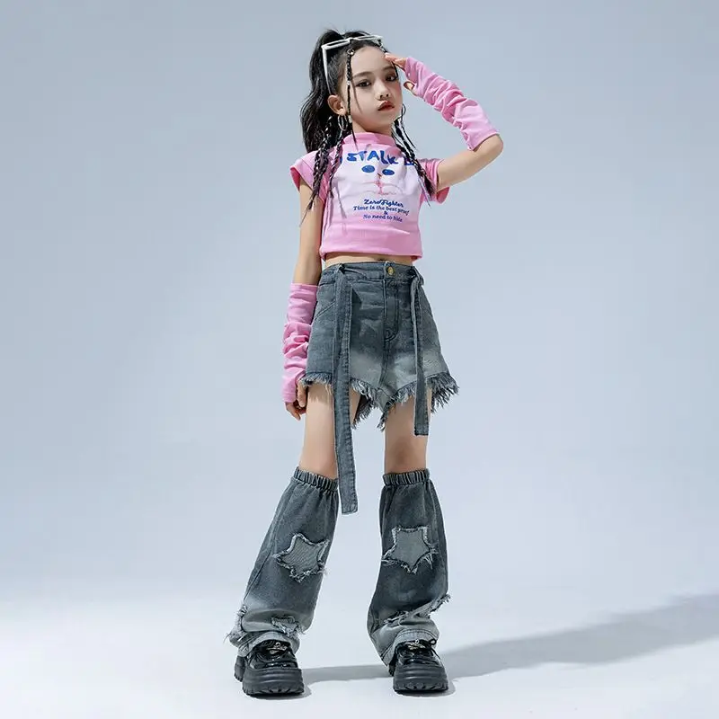 Girls Hip Hop Crop Top Ripped Street Dance Shorts Child Sweet High Neck T-shirts Streetwear Jeans Clothes Sets Kids Jazz Costume