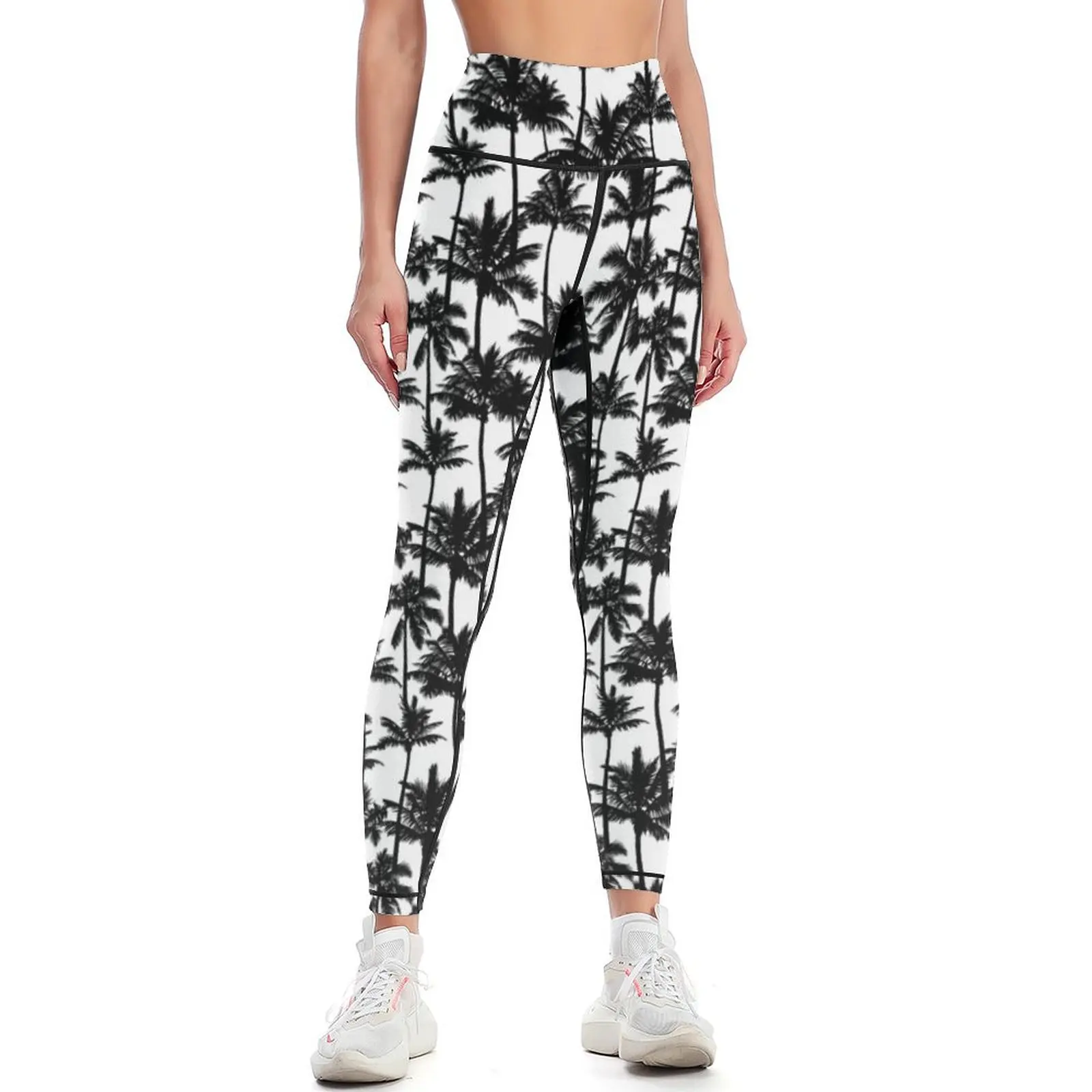 Black palm trees on white background. Leggings for fitness gym womans Women's fitness Womens Leggings