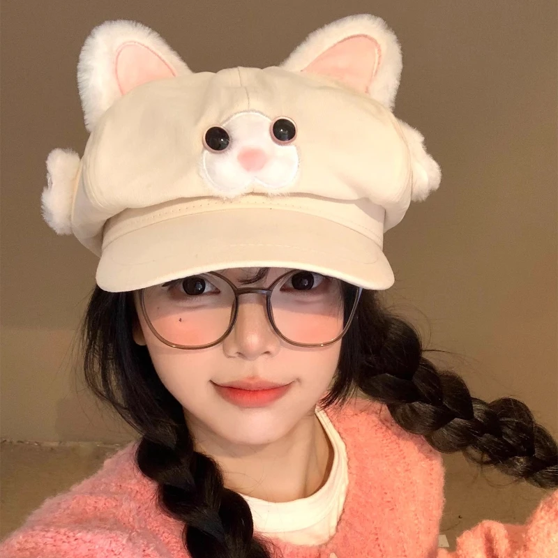 

Cute Plush Cat Ears Berets Cap Y2K Spring and Autumn Travel Fashionable Versatile Show Face Small Sweet Painter Hats for Woman