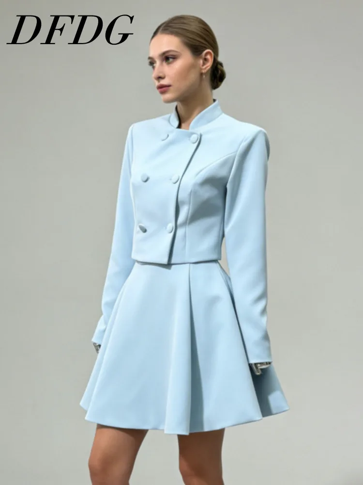 

DFDG Women's Spring Summer Mandarin Double Breasted Cropped Blazer Mini Skirt Set Elegant 2026 Trendy Feminine Fashion Set