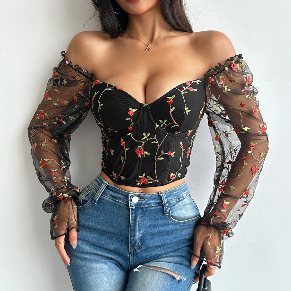 Embroidered Flowers Short Blouses Flare Sleeve Sweet Mesh Women Shirts Spring Autumn Sexy Vintage Blusas Mujer