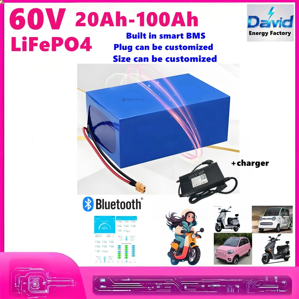 60V scooter tricycle 30ah 60ah 50ah 80ah 100ah Lithium Deep cycle LiFePO4 battery PACK for 2KW 3KW 5KW motor motorcycle Electric