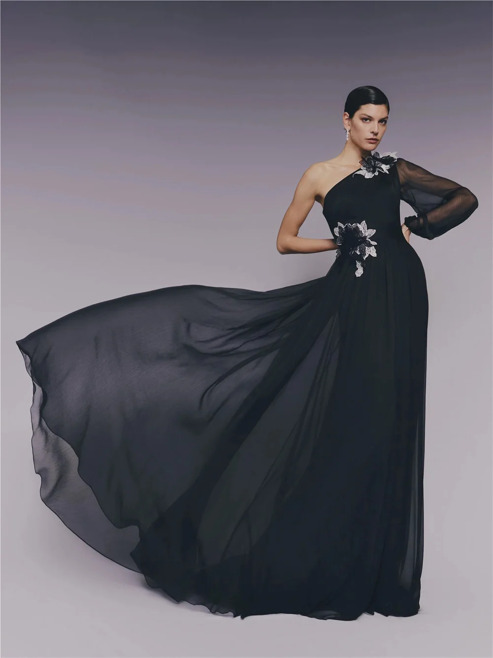 

Women's Formal Evening Gowns One Shoulder Floral Chiffon Evening Dresses Long Sleeve A-Line Elegant Party Formal Dress for Women