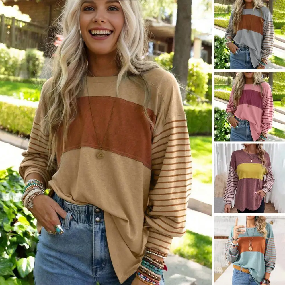 Loose T-shirt Breathable Top Striped Contrast Color Long Sleeve Tee Shirt for Women Loose Fit Pullover Top with Stretchy