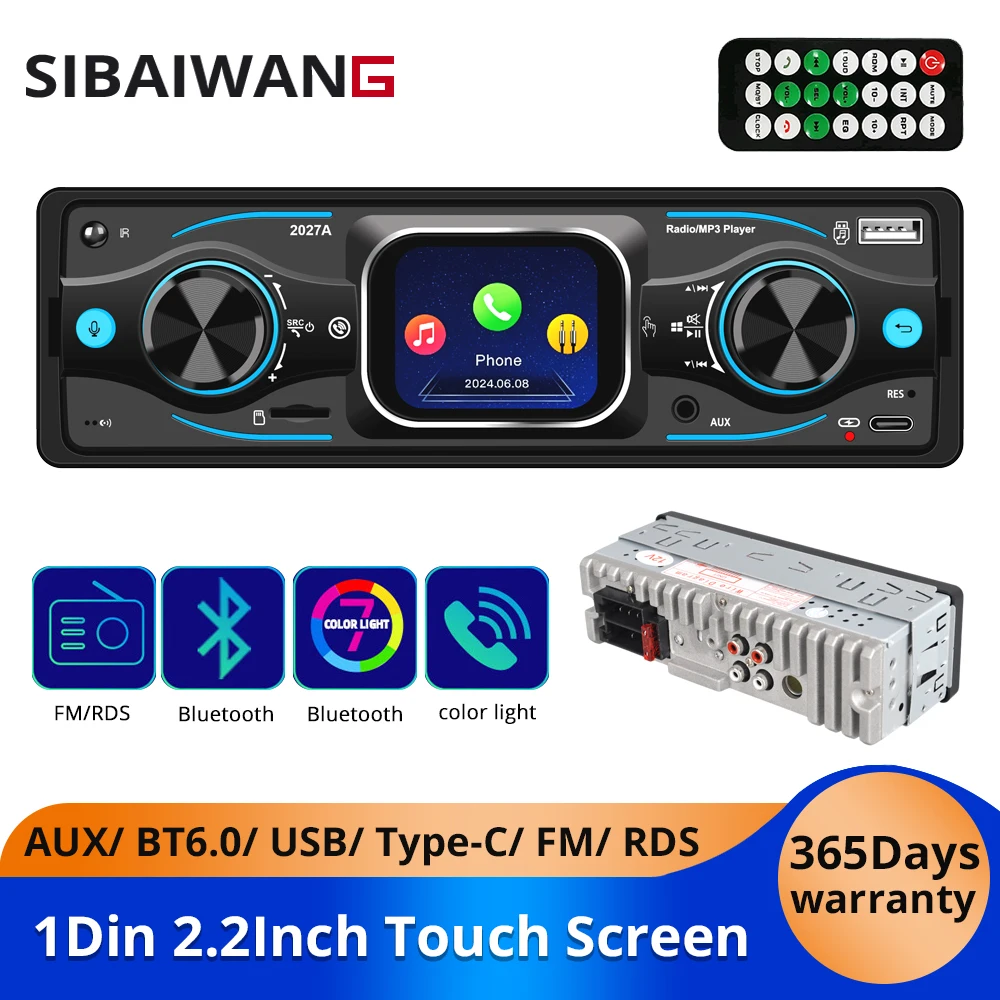 

1Din 2.2inch Car radio MP3 TouchScreen Player Audio Stereo Support FM RDS Receiver Bluetooth6.0 AUX USB TF Card Type-C Universal