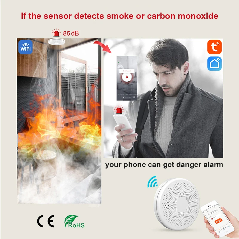 Sensor Detector de humo 2 en 1, alarma de sonido de fuego, alarma de monóxido de carbono, función WiFi, aplicación Tuya Smart Life, hogar, cocina,