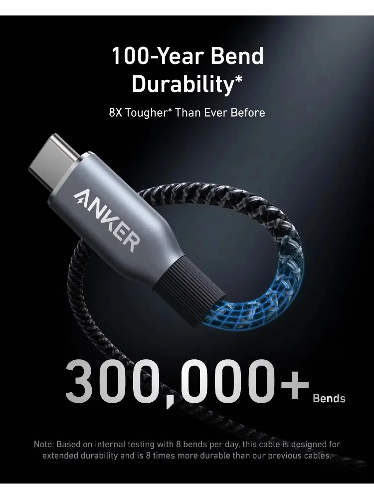 Kabel Anker Prime 240W, 90 cm, USB-C – USB-C, szybkie ładowanie, wykonany z recyklingowanych materiałów, opleciony nylonem, zapewniający trwałość nawet po 100 latach uginania, obsługuje szybkie ładowanie PD. — zdjęcie produktu 6