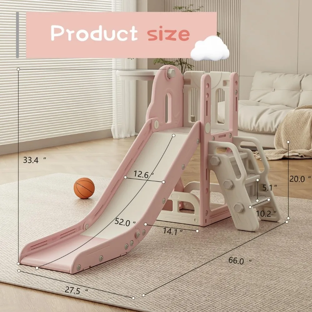 Children's Play Slide with Storage and Anti-Slip Steps, Outdoor and Indoor Climbing and Basketball Playset with Extendable Featu