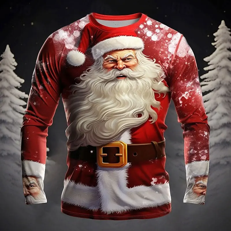 

Men's Long Sleeve T-shirt Hip Hop Trend Christmas T Shirts Fashion 3D Santa Claus Pattern Clothing Casual O-neck Loose X'mas Top