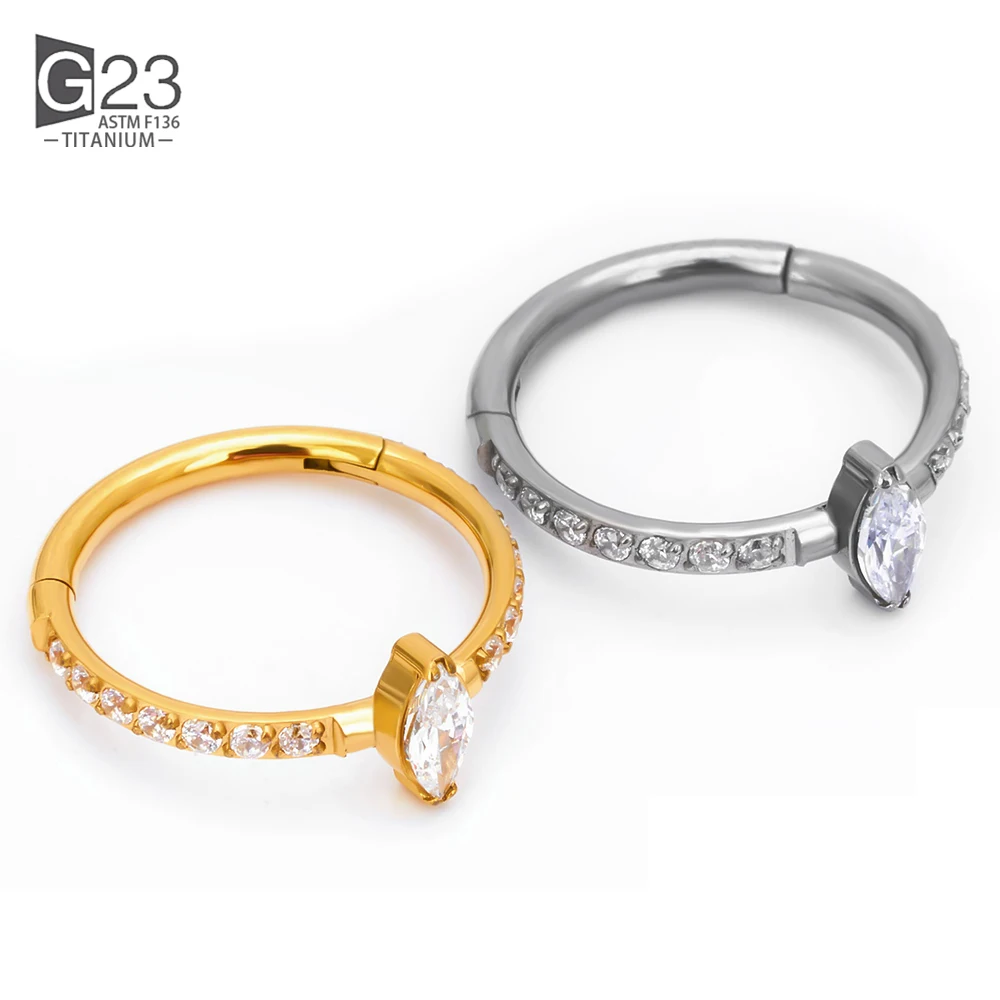 G23 Titanium CZ Pave Side With Marquise Stone Center Hinged Segment Hoop Rings Nose Ring Clicker Labret Ear Tragus Piercing