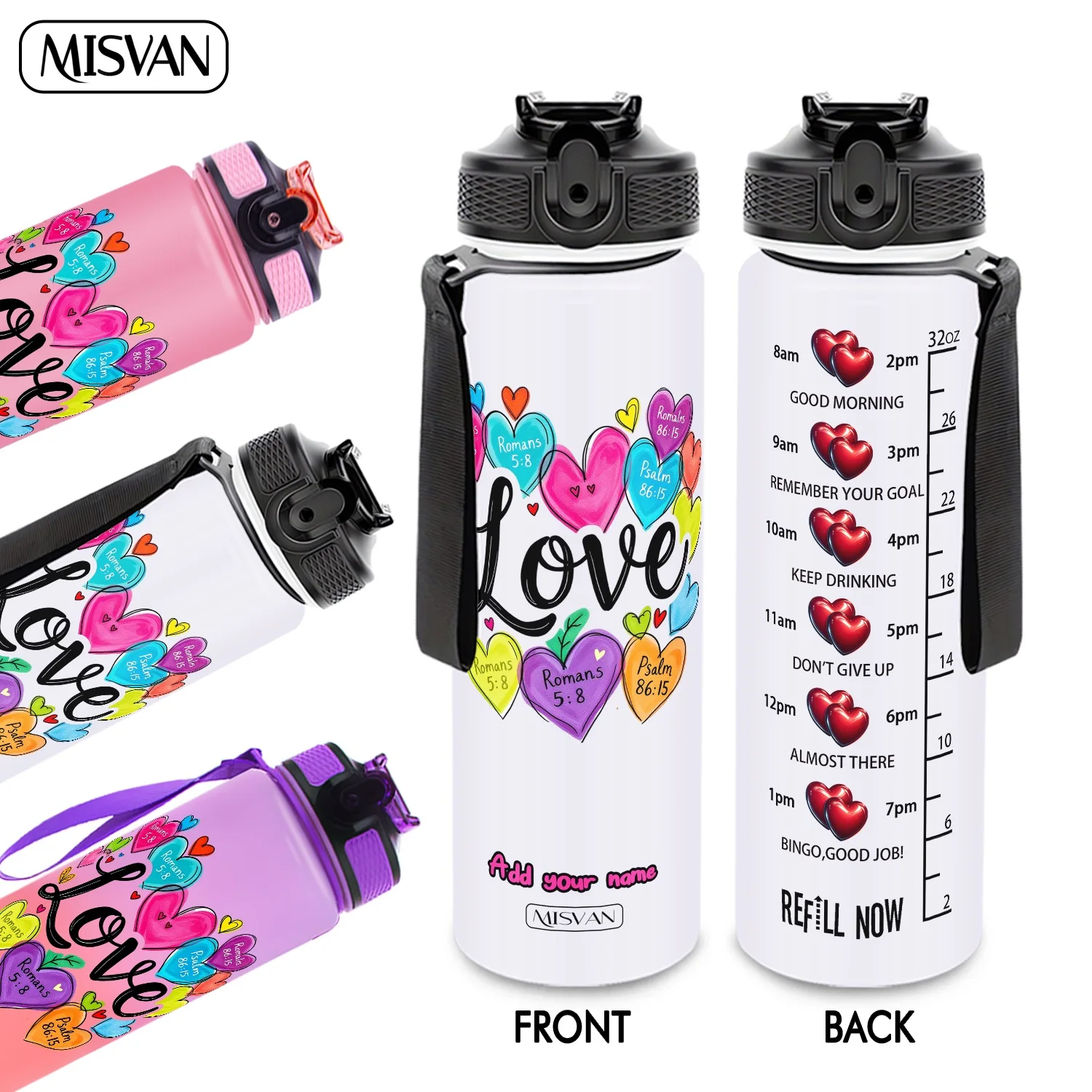 

1PC, Colorful Hearts with Bible Verses Print ,32oz Gradient Water Bottle-Leak-Proof,HD Non-Peeling Pattern,Perfect for Sports,Fi
